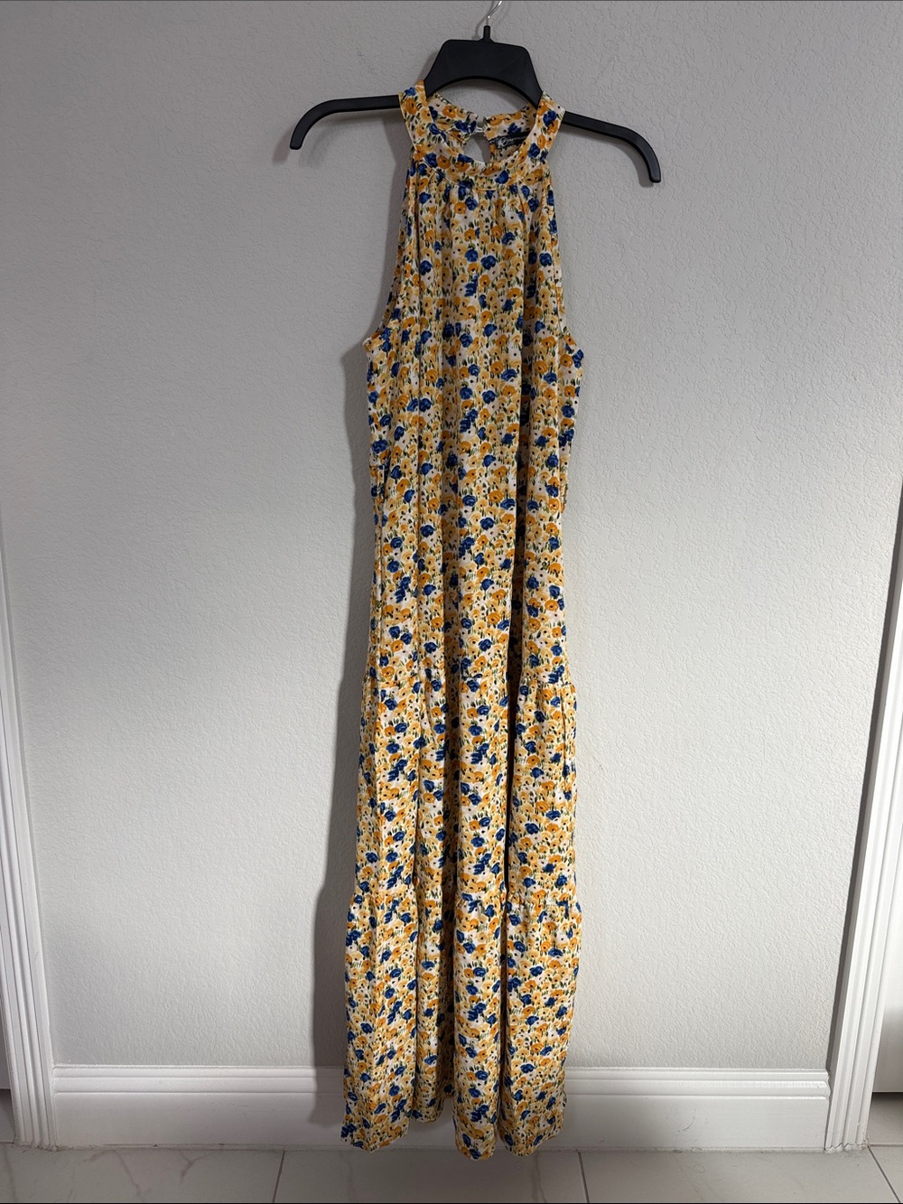 PrettyGarden Yellow Floral Maxi Dress with High Neck